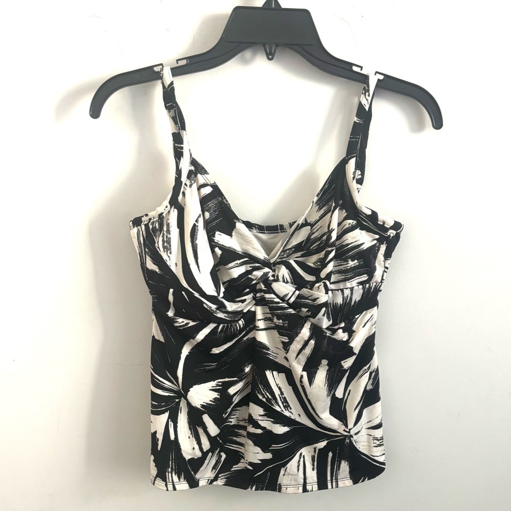 Miraclesuit Swim Suit Top Tankini Tropical Black/White Sz 10 Palm Hibiscus